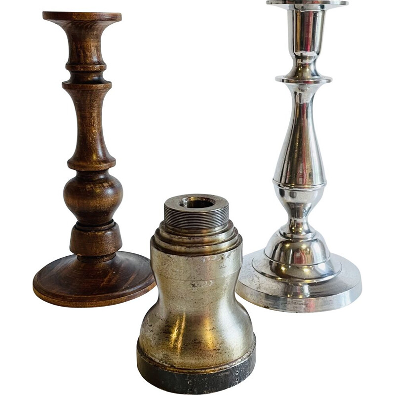 Set of 3 vintage wood and metal candle holders