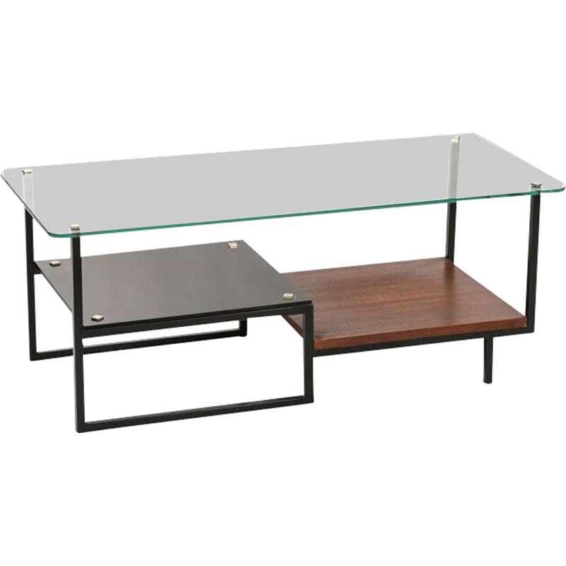 Table basse moderniste vintage en verre et bois, 1950-1960