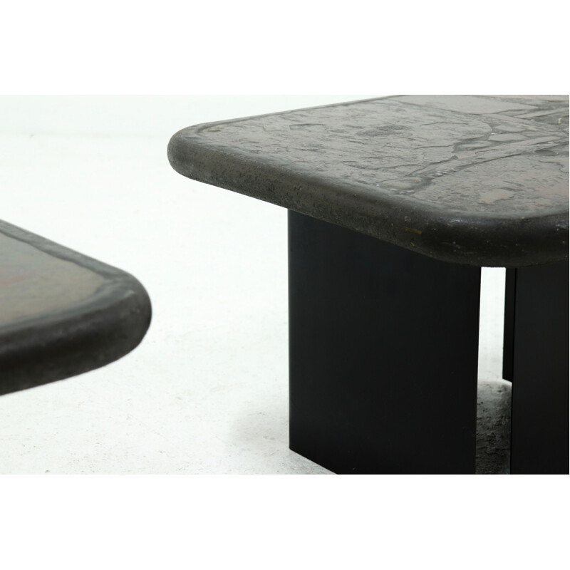 Pair of vintage slate stone Art Work coffee tables by Paul Kingma, 1989