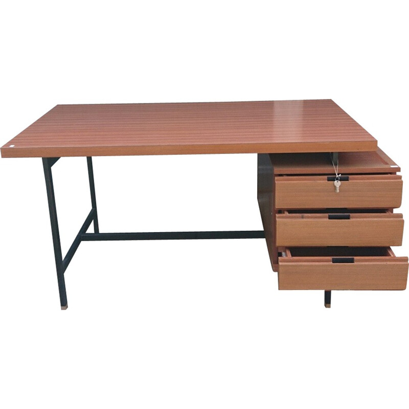Desk in metal and mahogany, Pierre GUARICHE - 1955