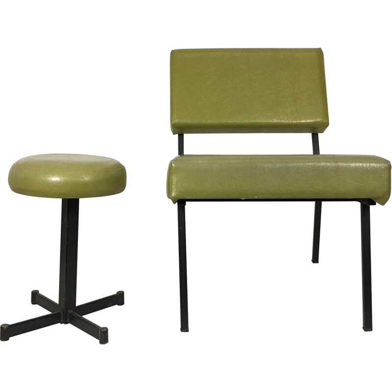 Low chair and its stool in metal and green leatherette - 1960