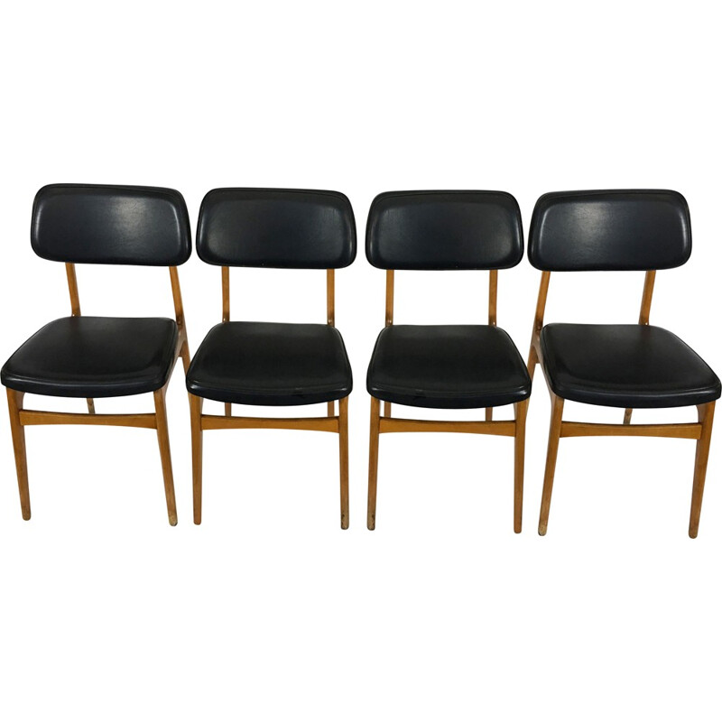 Set of 4 Scandinavian chairs in leatherette and wood - 1960s