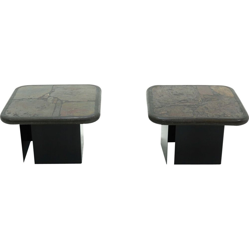 Pair of vintage slate stone Art Work coffee tables by Paul Kingma, 1989