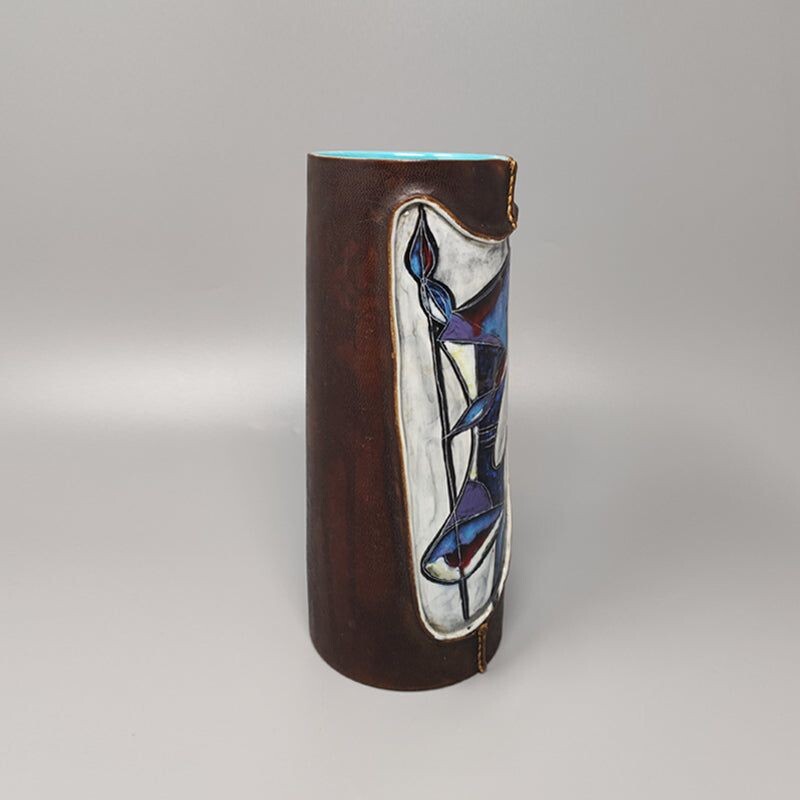 Vintage ceramic vase covered with leather by Marcello Fantoni, Italy 1950