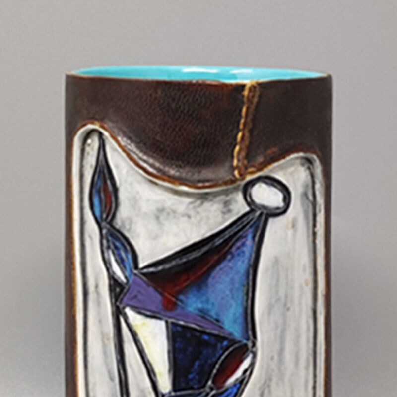 Vase vintage en céramique gainé de cuir par Marcello Fantoni, Italie 1950