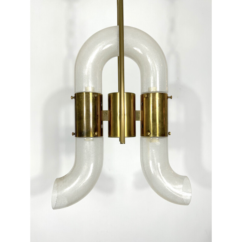 Vintage brass and pulegoso glass chandelier by Carlo Nason for Mazzega, 1970s