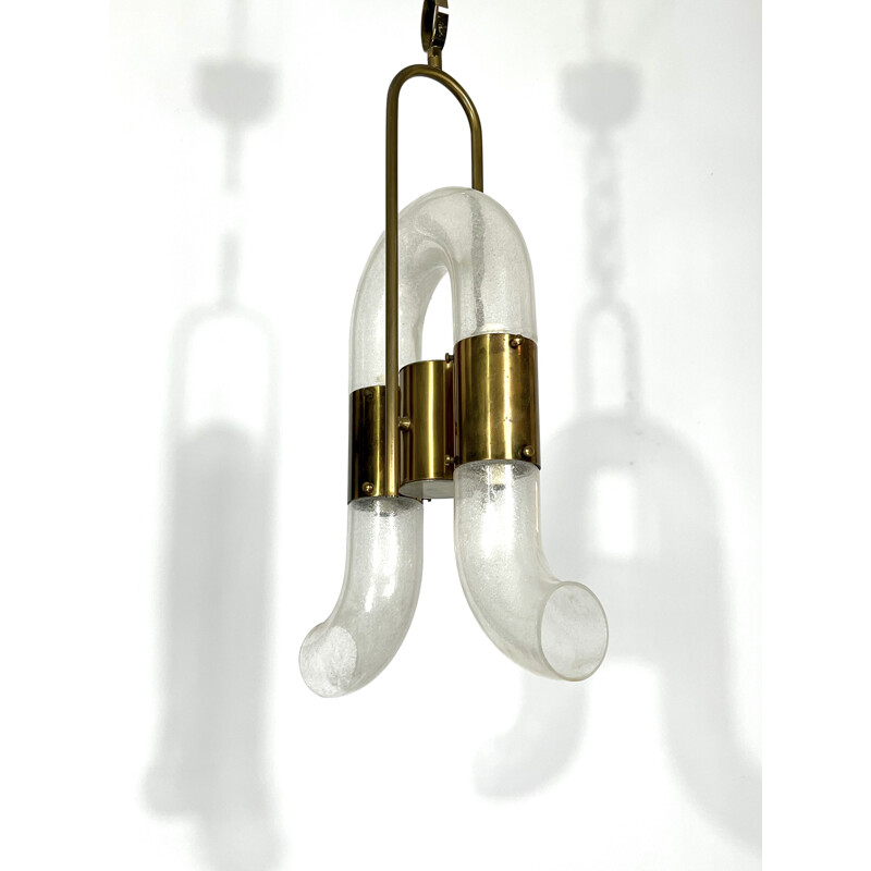 Vintage brass and pulegoso glass chandelier by Carlo Nason for Mazzega, 1970s