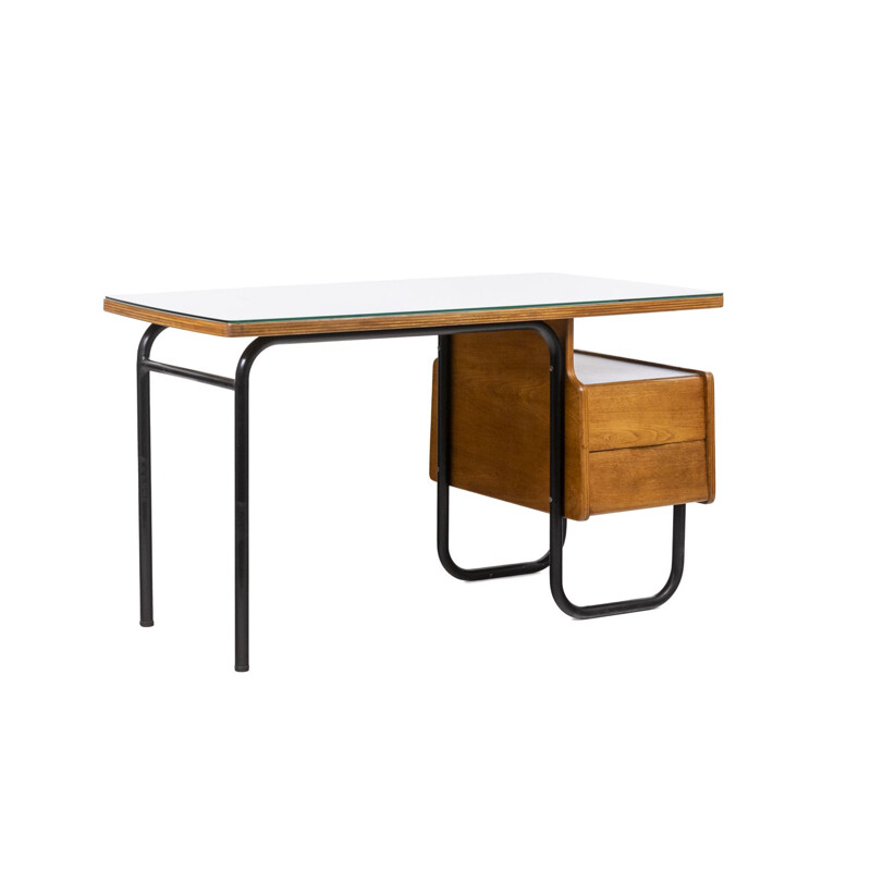 Vintage eiken en metalen bureau van Robert Charroy voor Mobilor, Frankrijk 1955