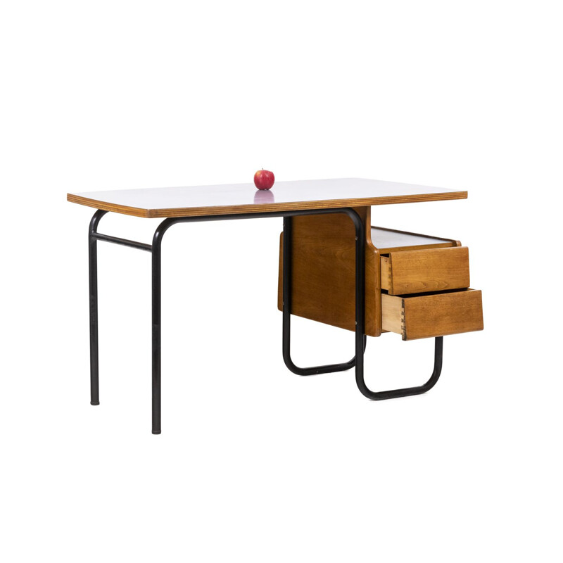 Vintage eiken en metalen bureau van Robert Charroy voor Mobilor, Frankrijk 1955