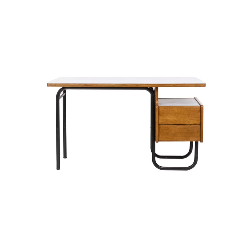 Vintage oak and metal desk by Robert Charroy for Mobilor, France 1955