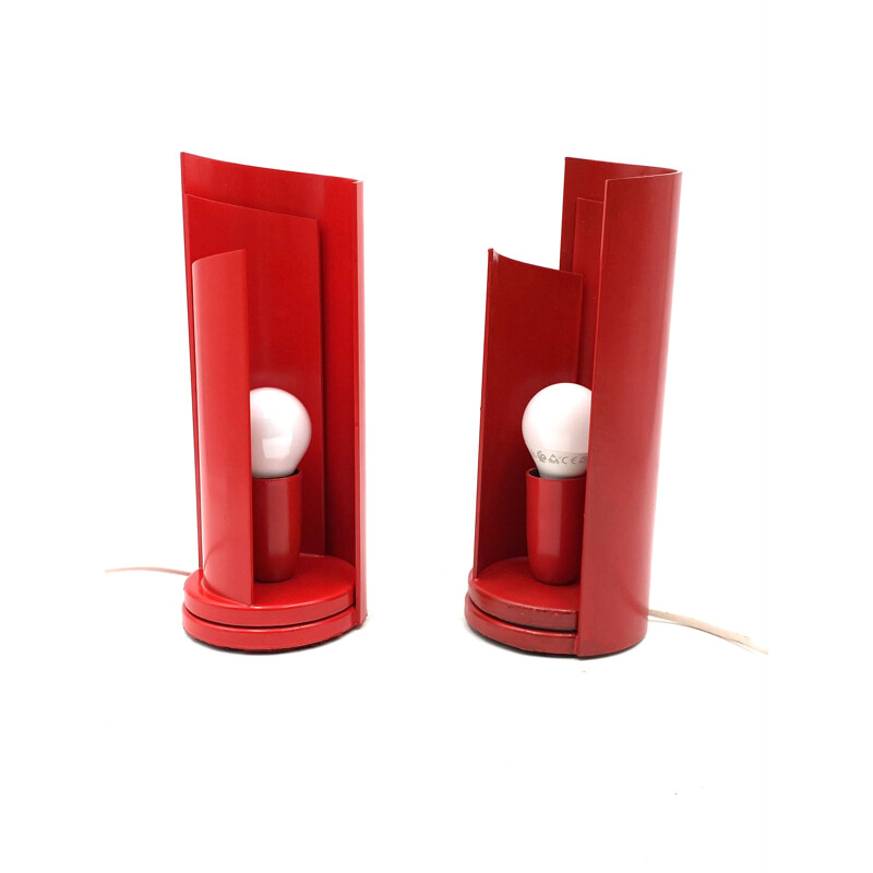 Pair of vintage bright red Eclipse table lamps by Candle, Italy 1970s