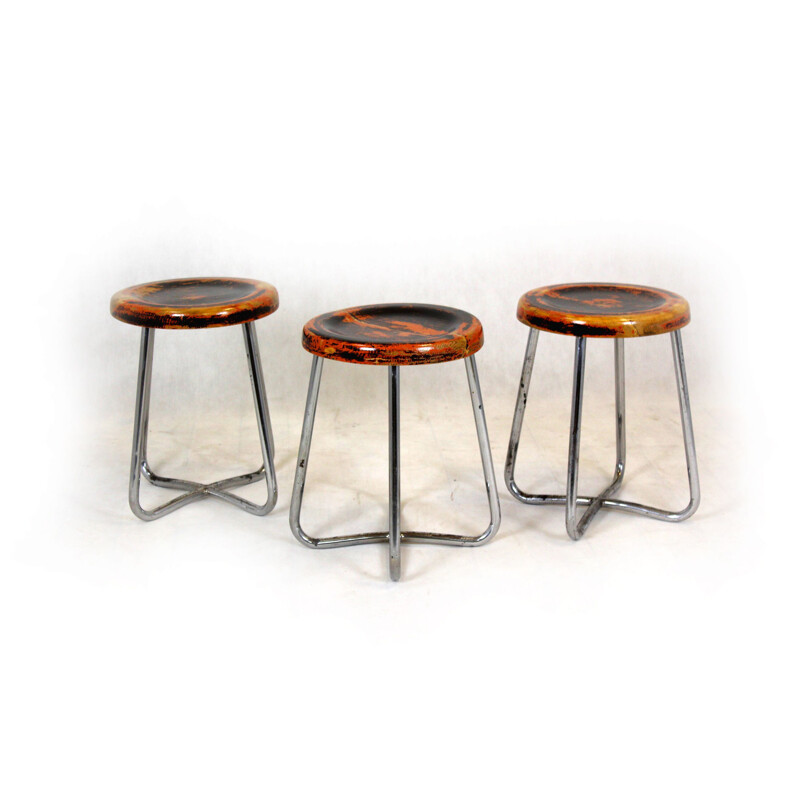 Set of 3 vintage Bauhaus chrome tubular steel stools by Robert Slezak, Czechoslovakia 1930s