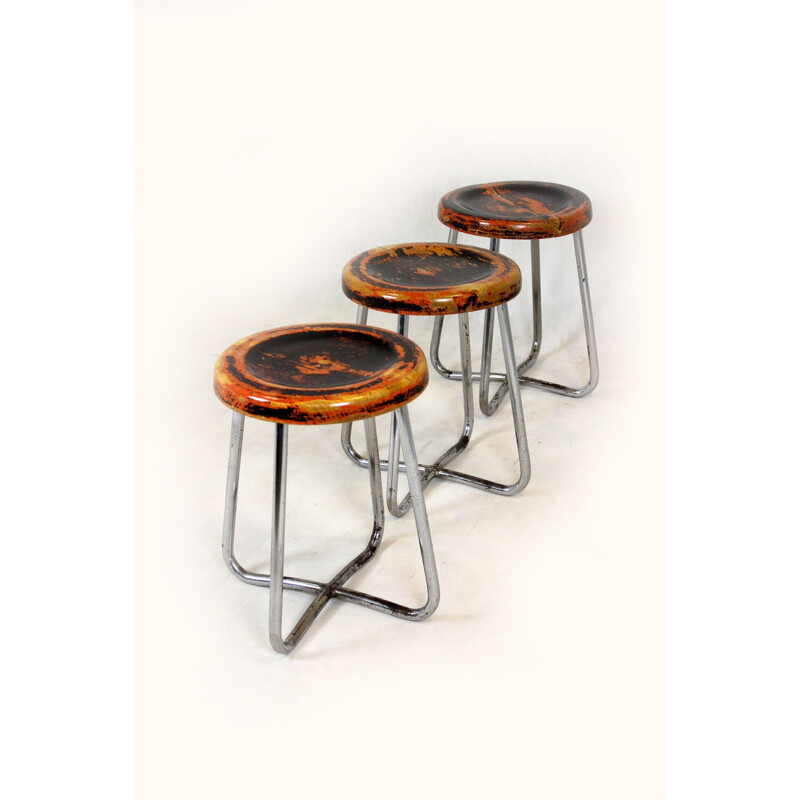 Set of 3 vintage Bauhaus chrome tubular steel stools by Robert Slezak, Czechoslovakia 1930s