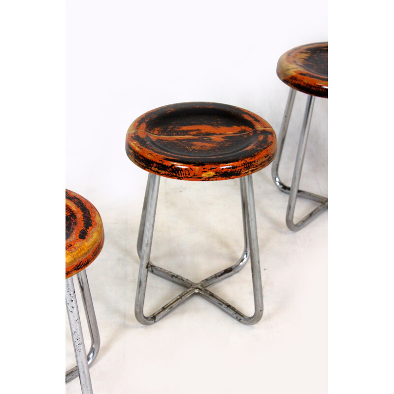 Set of 3 vintage Bauhaus chrome tubular steel stools by Robert Slezak, Czechoslovakia 1930s