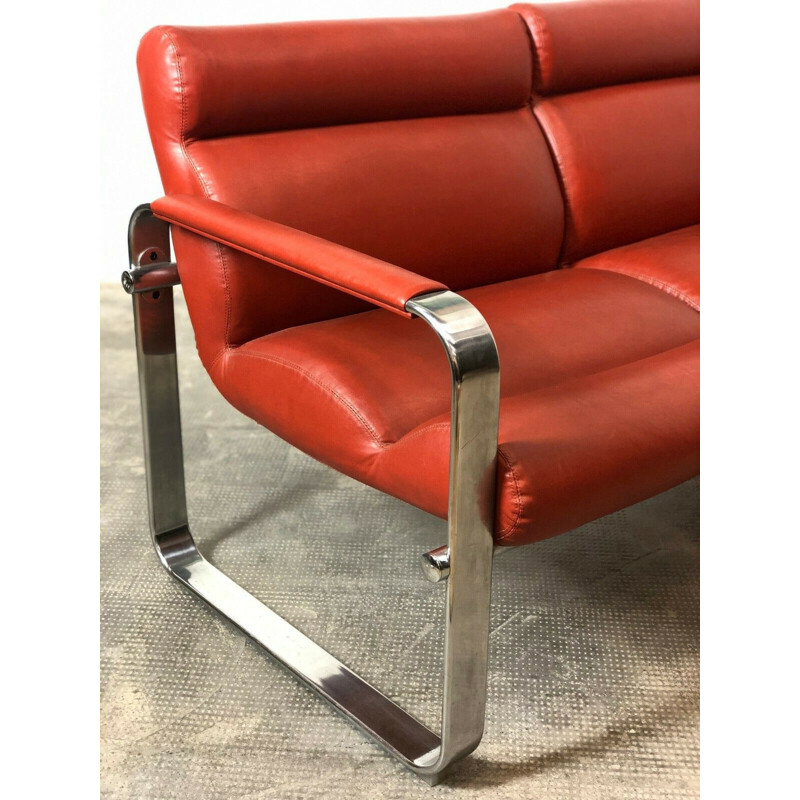 Vintage chrome metal and leather sofa by Eero Aarnio, Italy 1960