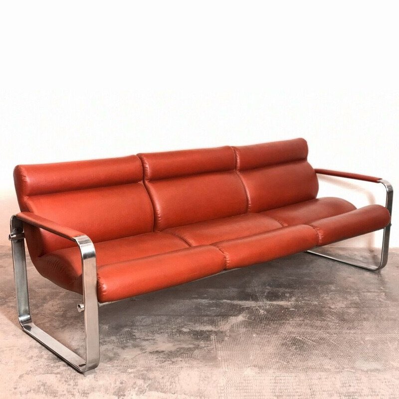 Vintage chrome metal and leather sofa by Eero Aarnio, Italy 1960