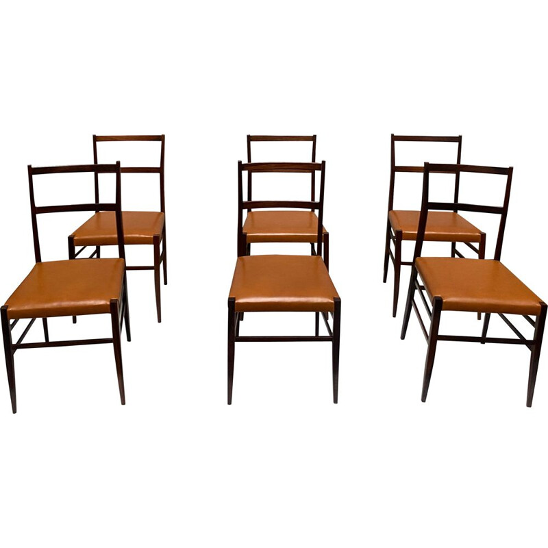 Set van 6 vintage jacaranda en leren stoelen, Brazilië 1960