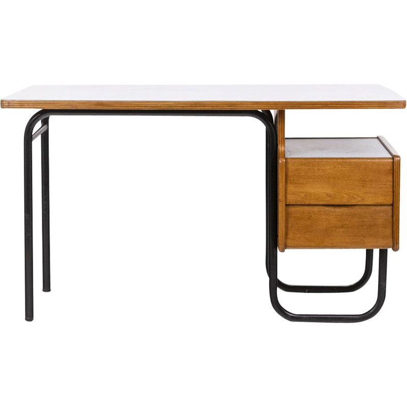 Vintage oak and metal desk by Robert Charroy for Mobilor, France 1955