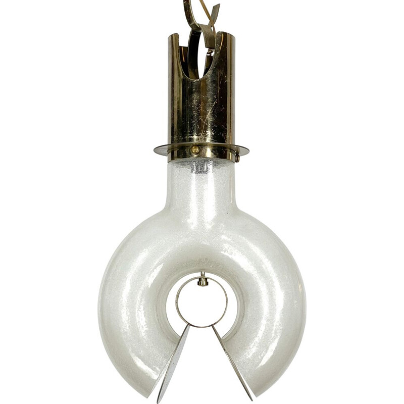 Lampadario vintage in ottone e pulegoso di Carlo Nason per Mazzega, Italia 1970