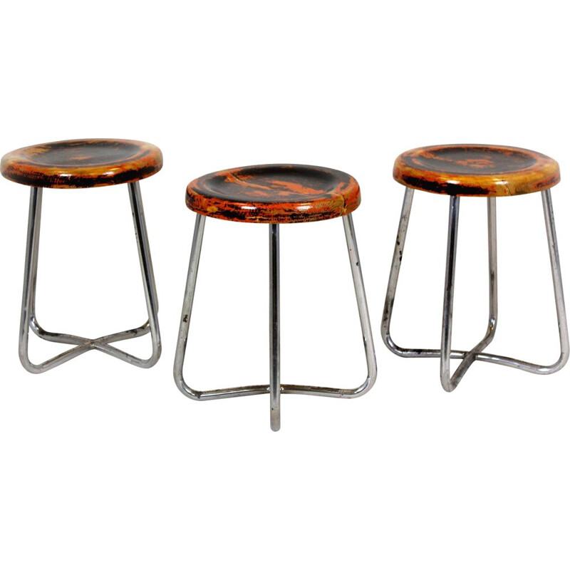 Set of 3 vintage Bauhaus chrome tubular steel stools by Robert Slezak, Czechoslovakia 1930s