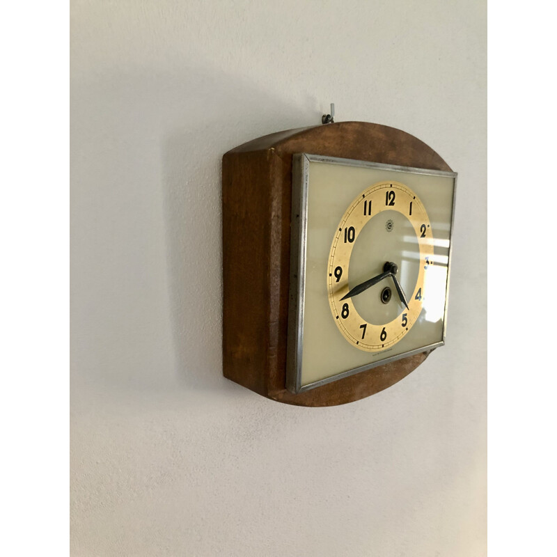 Vintage Prim relógio de parede em moldura de madeira, Checoslováquia 1957