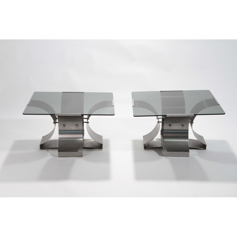 Pair of low tables in glass and chromed metal, François MONNET - 1970s
