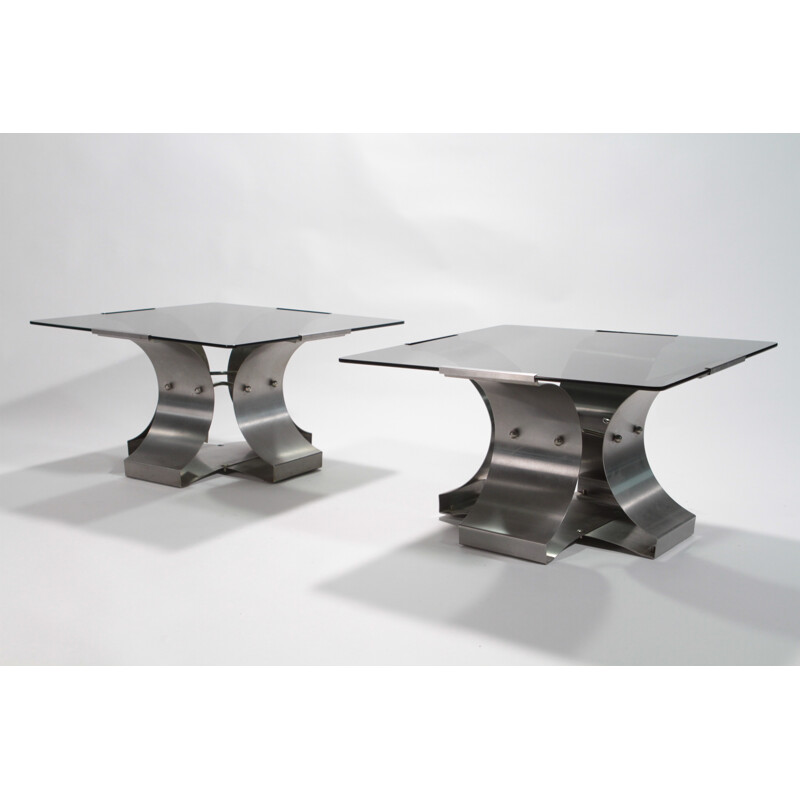 Paire de tables basses en verre et métal chromé, François MONNET - 1970