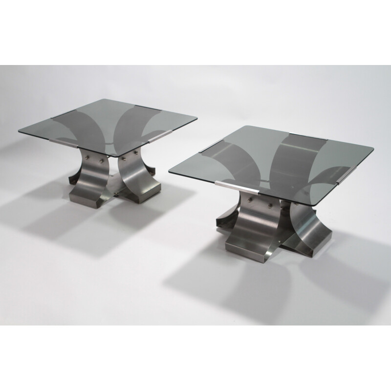 Paire de tables basses en verre et métal chromé, François MONNET - 1970