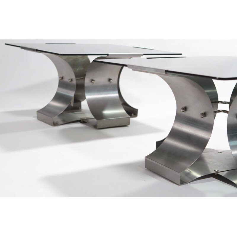 Pair of low tables in glass and chromed metal, François MONNET - 1970s