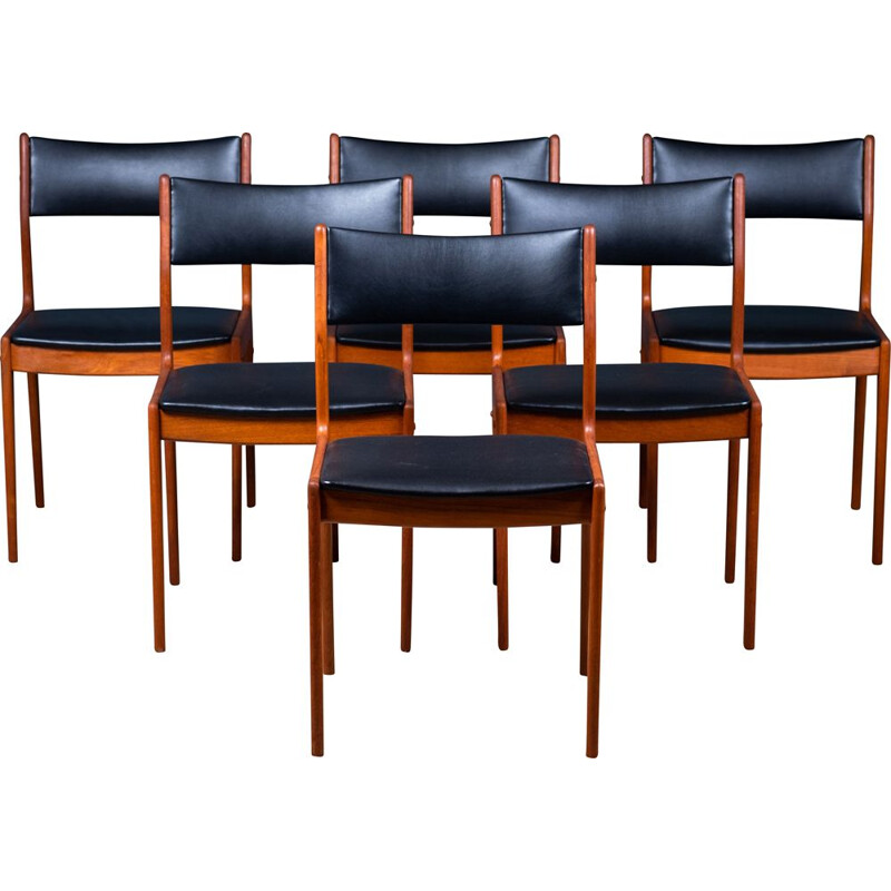 Ensemble de 6 chaises vintage en teck et simili cuir noir par Johannes Andersen pour Uldum Møbelfabrik