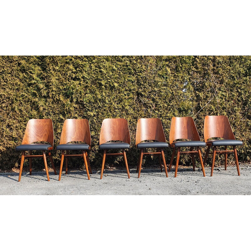 Set di 6 sedie vintage Ton514 in noce e pelle nera di Lubomir Hofman