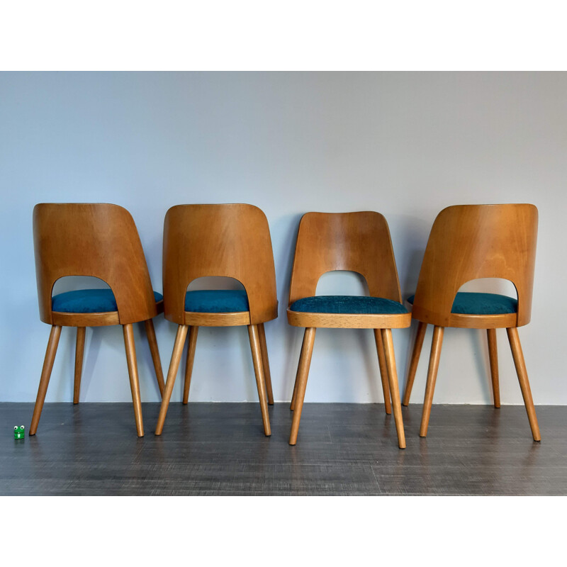 Set of 4 vintage Ton515 beechwood and blue fabric chairs by Oswald Haerdtl, 1955