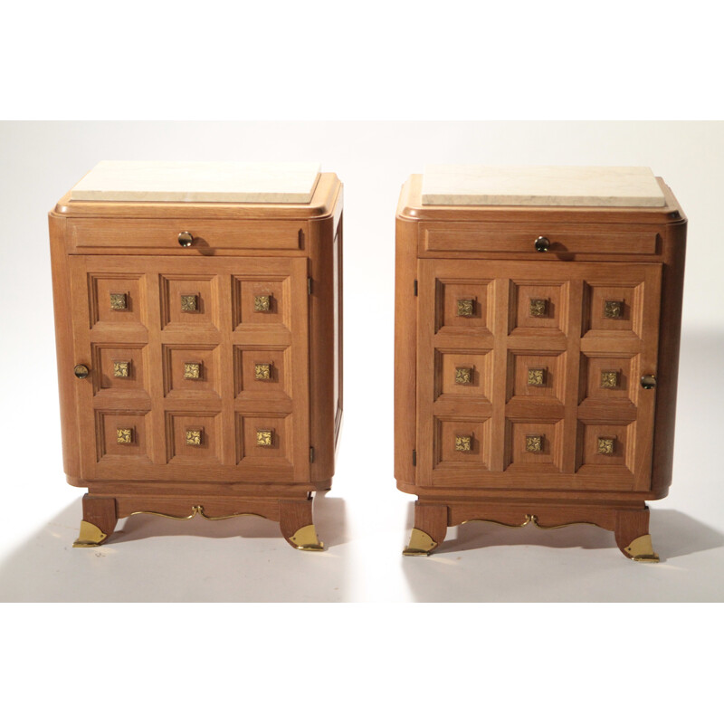 Pair of bedside tables in oak and brass - 1940s