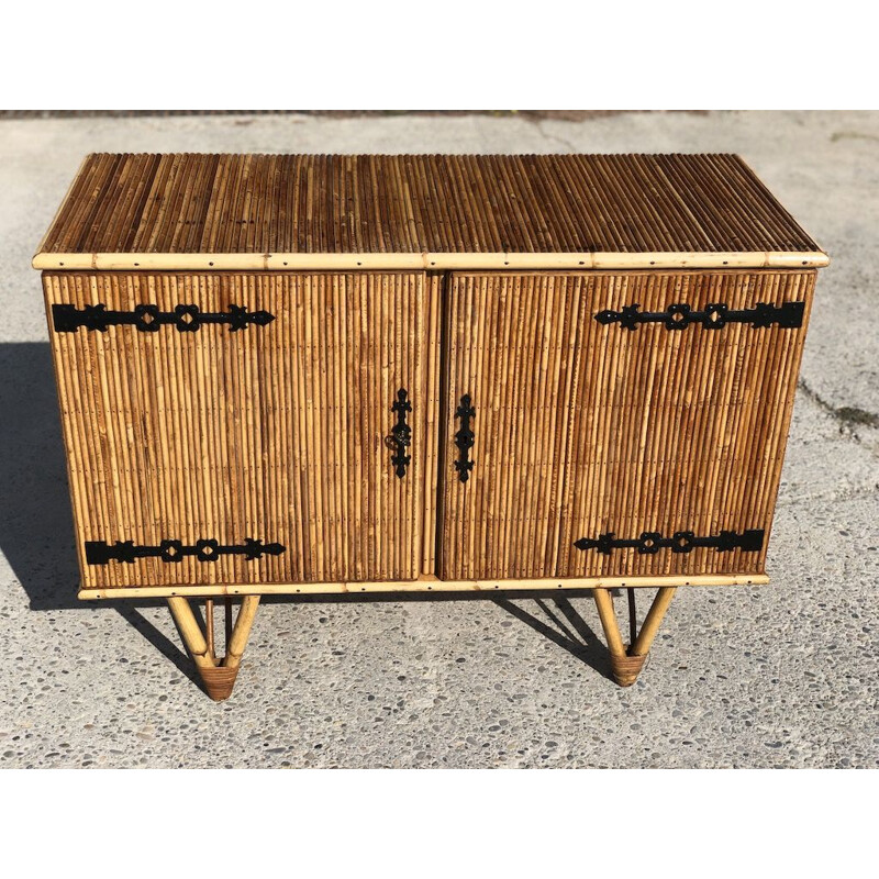 Vintage split bamboo and wrought iron sideboard by Audoux Minet, 1960