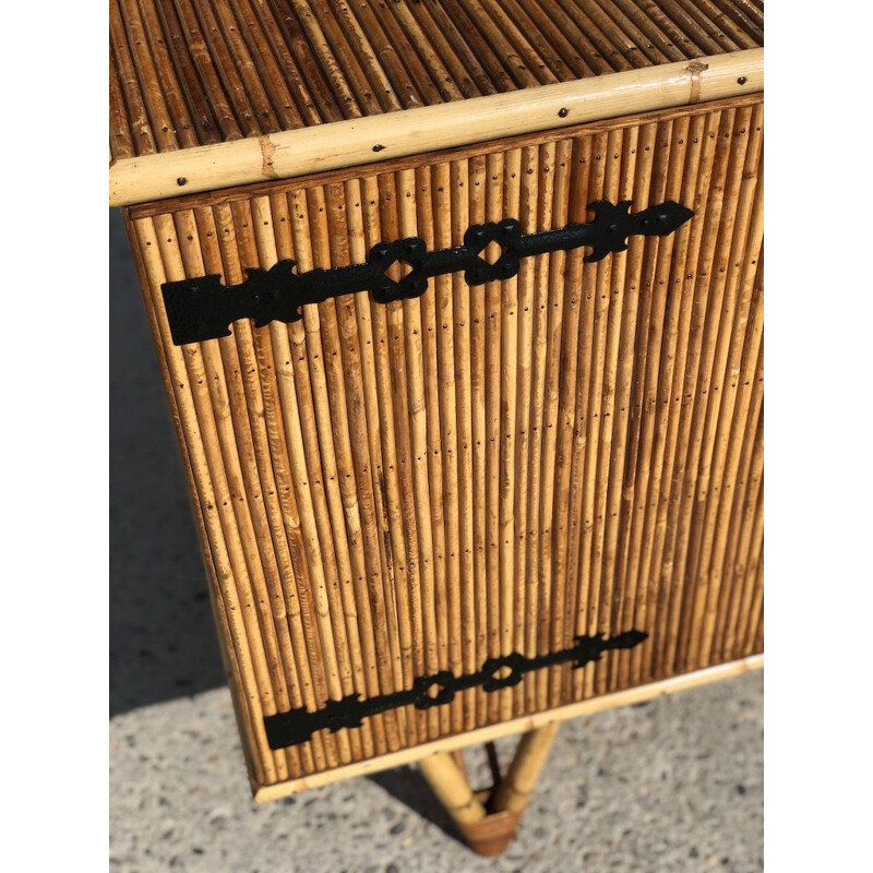 Vintage split bamboo and wrought iron sideboard by Audoux Minet, 1960