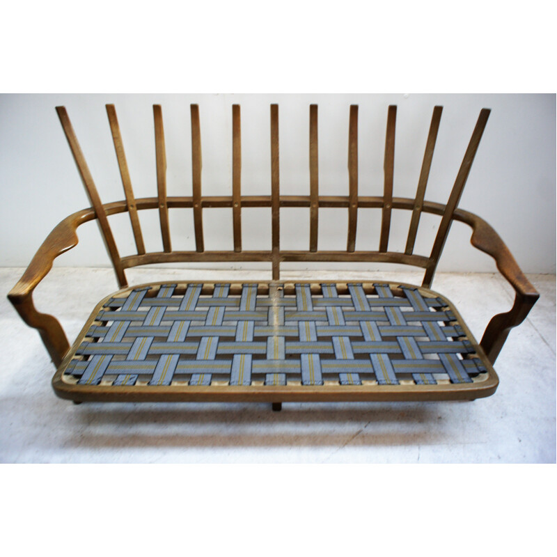 Vintage-Sofa aus massiver Eiche und Stoff von Guillerme et Chambron