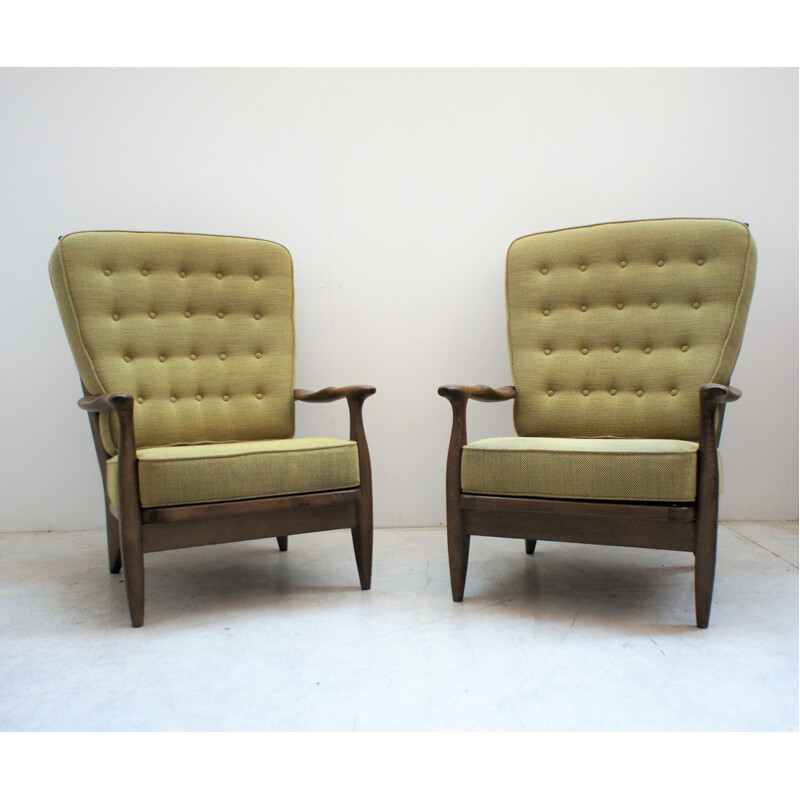 Pair of vintage solid oakwood armchairs by Guillerme and Chambroon