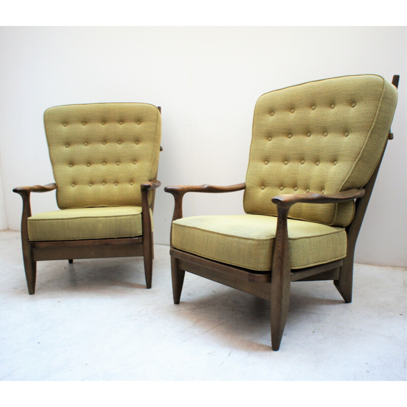 Pair of vintage solid oakwood armchairs by Guillerme and Chambroon