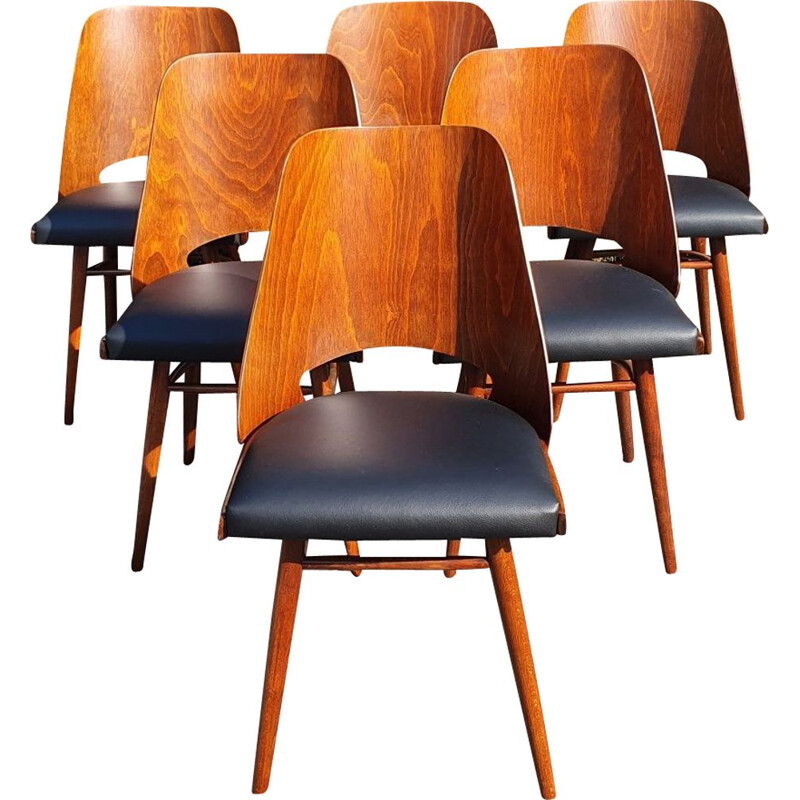 Set 6 Vintage Ton514 Stühle aus Walnussholz und schwarzem Leder von Lubomir Hofman
