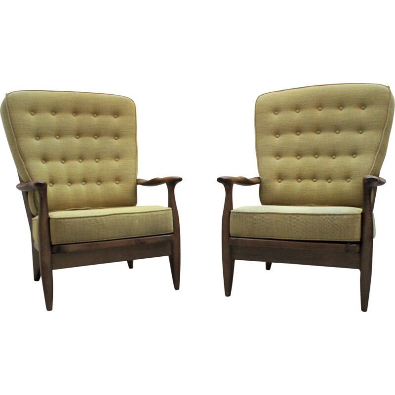 Pair of vintage solid oakwood armchairs by Guillerme and Chambroon