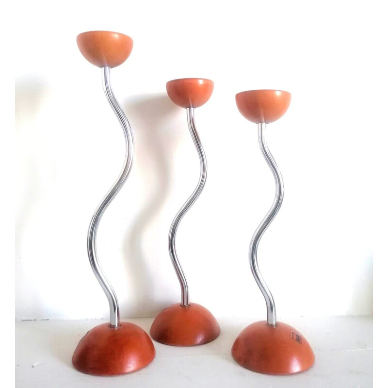 Set of 3 vintage postmodern candlesticks in wood and silver metal, Germany 1970