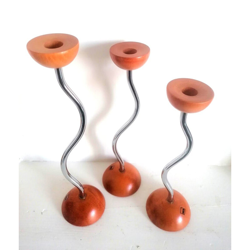 Set of 3 vintage postmodern candlesticks in wood and silver metal, Germany 1970