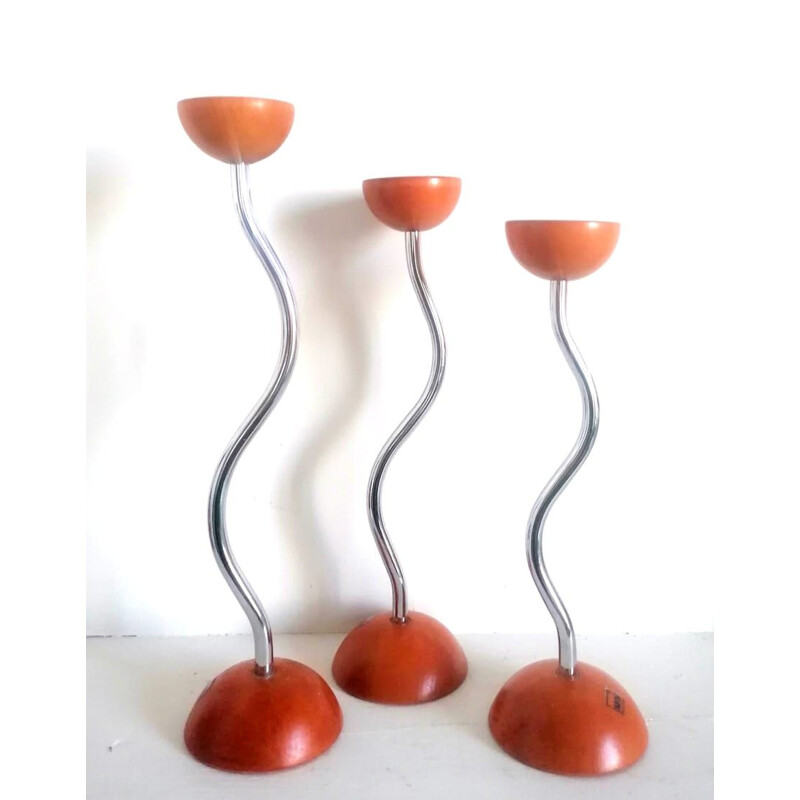 Set of 3 vintage postmodern candlesticks in wood and silver metal, Germany 1970