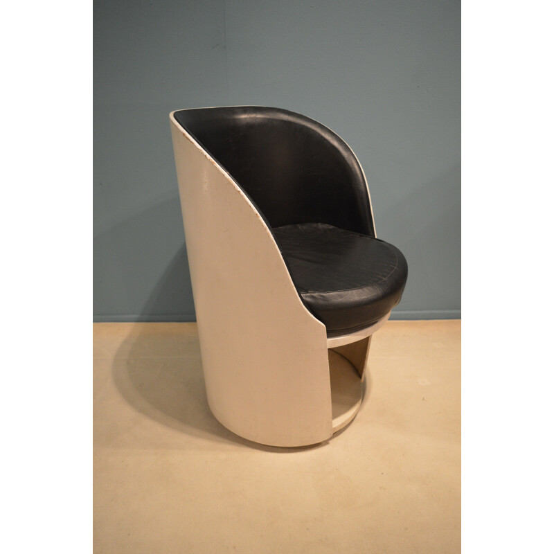 Easy chair in white lacquered wood and black leatherette - 1960s