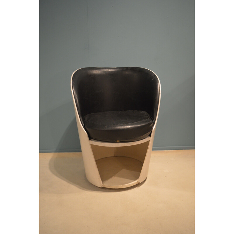 Easy chair in white lacquered wood and black leatherette - 1960s