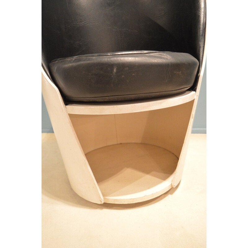 Easy chair in white lacquered wood and black leatherette - 1960s