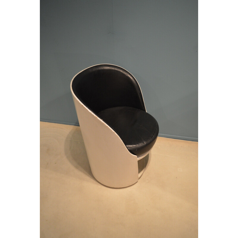 Easy chair in white lacquered wood and black leatherette - 1960s