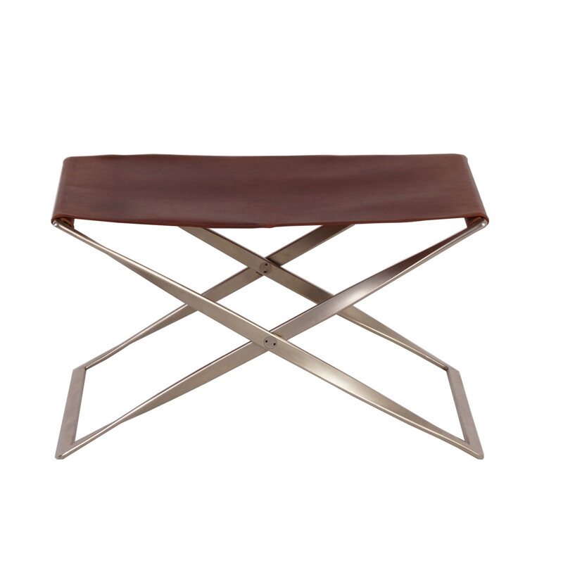 Tabouret vintage Pk 91 en métal et cuir brun par Poul Kjaerholm pour E. Kold Christensen, Danemark 1961