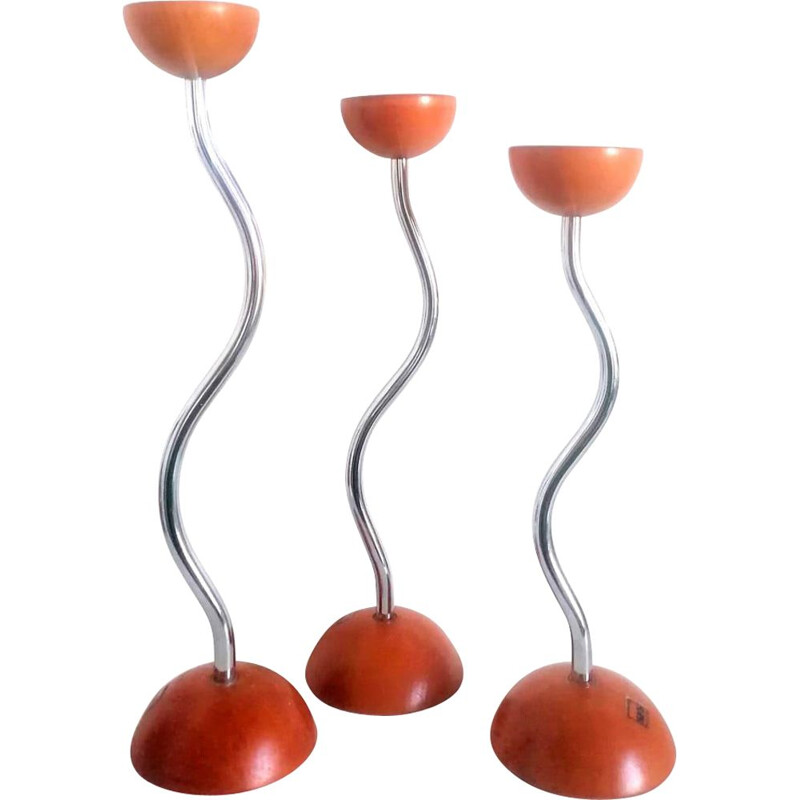 Set of 3 vintage postmodern candlesticks in wood and silver metal, Germany 1970