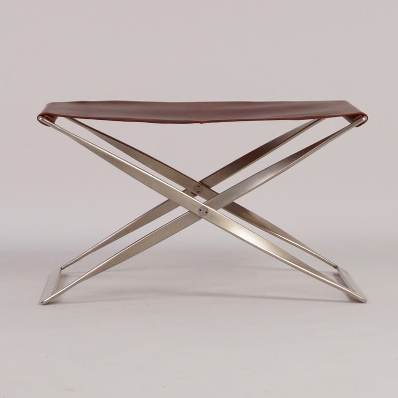 Vintage Pk 91 stool in metal and brown leather by Poul Kjaerholm for E. Kold Christensen, Denmark 1961